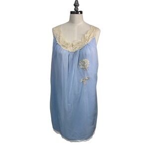 Vintage Aristocraft Powder Blue Rose Floral Lace Chiffon Slip Nightgown Size S